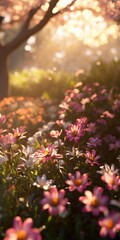 Obraz premium Sunlit Garden, A breathtaking view of pink and white flowers blooming in a vibrant garden, bathed in the warm glow of sunrise or sunset.