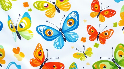 49.A fun and colorful set of cartoon butterflies with exaggerated, friendly faces and bold, bright colors. The butterflies flutter across a clean, white background, perfect for playful party themes