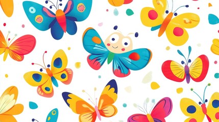 49.A fun and colorful set of cartoon butterflies with exaggerated, friendly faces and bold, bright colors. The butterflies flutter across a clean, white background, perfect for playful party themes