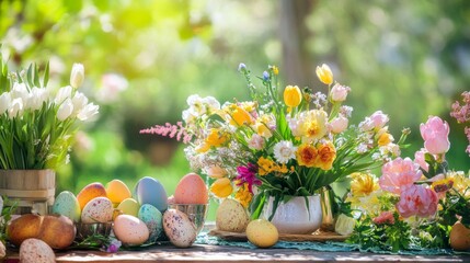 Colorful Easter Eggs and Spring Flower Arrangement on Rustic Wooden Table