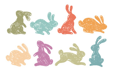 Easter bunny silhouette. Crayon rabbit icon. Vector hare animal, cute kid chalk illustration isolated on white background. Happy Easter color crayon pastel bunny set. Cute rabbit shape. Child scribble © Olga Che