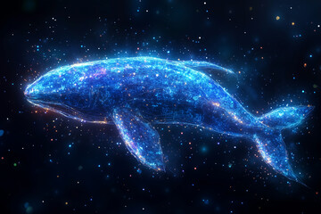 Fototapeta premium glowing blue whale swims through starry cosmic background, creating mesmerizing visual of light and color. ethereal scene evokes sense of wonder and tranquility