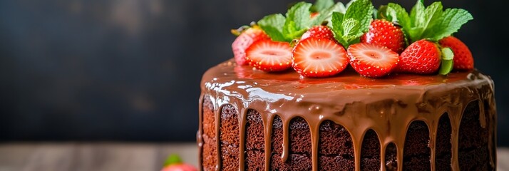 Glistening chocolate cake with dripping ganache, garnished with fresh strawberries and mint