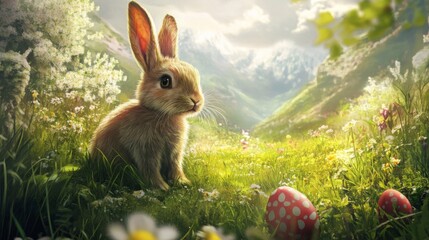 Adorable Brown Bunny in a Sunny Mountain Meadow with Easter Eggs