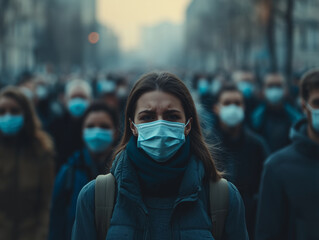 vast crowd of people wearing pandemic masks, showcasing serious atmosphere. focus is on woman in foreground, highlighting emotional weight of moment