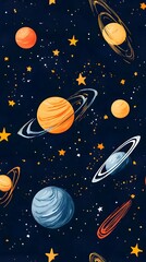 Naklejka premium Seamless Space and Stars Pattern Background with Planets and Celestial Objects