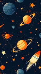 Naklejka premium Vibrant Cosmic Seamless Pattern with Planets Stars and Spaceships in Outer Space Background