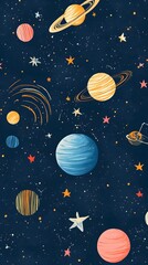 Naklejka premium Seamless Cosmic Pattern with Celestial Bodies and Space Symbols