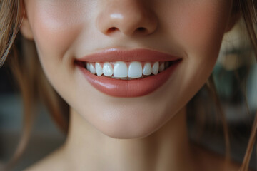 Obraz premium close up of smiling mouth showcasing healthy, white teeth and soft lips, radiating joy and confidence. image captures essence of bright smile