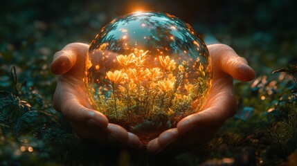 Enchanting Glass Orb Holding Glowing Yellow Flowers in Hands Nature Fantasy Art