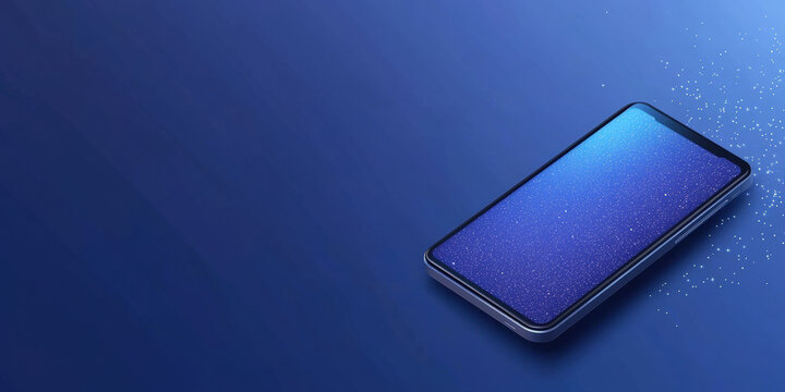 A sleek smartphone resting on a gradient blue background, showcasing a vibrant display illuminated with subtle sparkles.