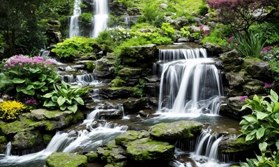 Asian-Inspired Garden with a Serene Waterfall &ndash; Harmonious Landscape Design with Bamboo and Koi Pond
