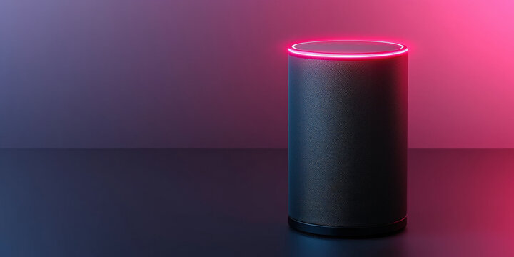 A modern smart speaker with a glowing top, set against a gradient background, blends technology and design seamlessly.