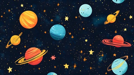 Seamless Cosmic Pattern with Glowing Planets Stars and Celestial Formations in Vibrant Space