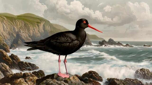 Black Oystercatcher. a black oystercatcher stands on rocky coastal terrain. waves crash against rocks under a cloudy sky. the bird&rsquo;s detailed features contrast with a lush backdrop.
