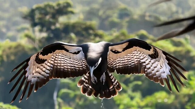 Black Baza. the black baza soars gracefully through the sky. the bird's plumage glows in the sunlight. the black baza flies above lush green forests.
