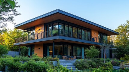 Fototapeta premium Charming Residential House Featuring Expansive Wooden Deck Surrounded by Lush Green Garden Filled with Colorful Flowers Creating a Peaceful and Inviting Outdoor Living Space in Nature
