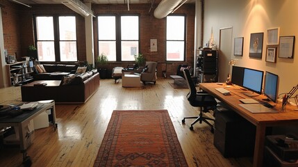 Fototapeta premium Spacious Loft Apartment With Home Office And Living Area