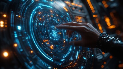 Futuristic Interface Hand Interacting with Holographic Sci Fi Technology Display