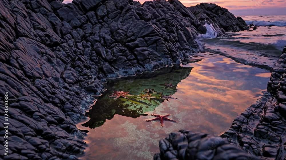Poster A reflective tidal pool on a rocky beach at sunset, filled with starfish and shells illuminated by warm, fading light.
