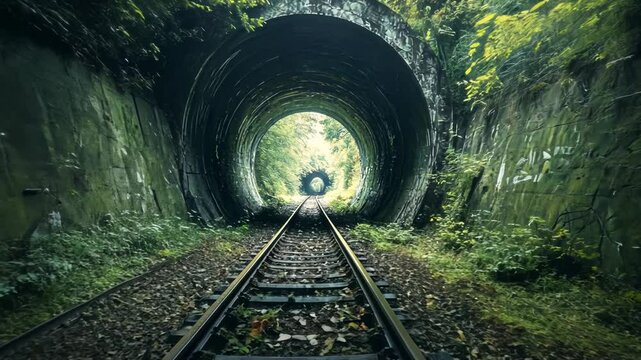 Railroad tracks inside a lush green overgrown tunnel.