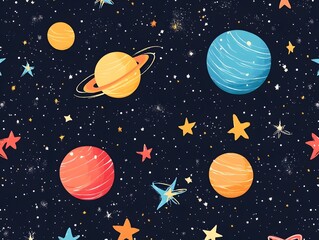 Mesmerizing Celestial Landscape Seamless Cosmic Pattern with Stars and Planets