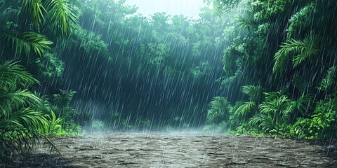 Anime cartoon style forest, rainy jungle night backdrop, stormy rainforest background