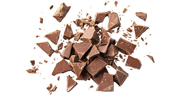 Milk chocolate chunks exploding on transparent background