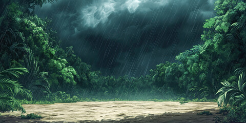 Anime cartoon style forest, rainy jungle night backdrop, stormy rainforest background
