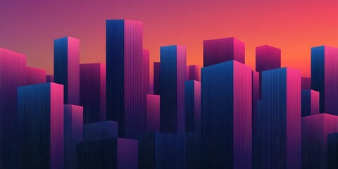Fototapeta premium A vibrant abstract cityscape featuring colorful geometric building shapes against a stunning gradient sunset. Ideal for designs and digital media.