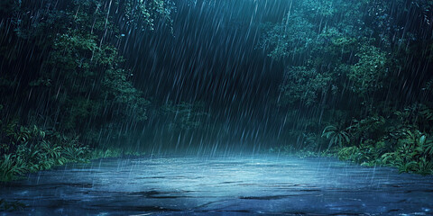 Anime cartoon style forest, rainy jungle night backdrop, stormy rainforest background