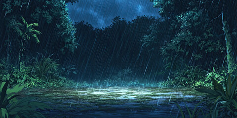 Anime cartoon style forest, rainy jungle night backdrop, stormy rainforest background