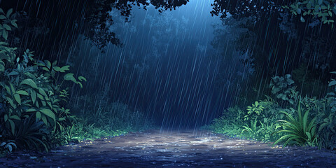 Anime cartoon style forest, rainy jungle night backdrop, stormy rainforest background