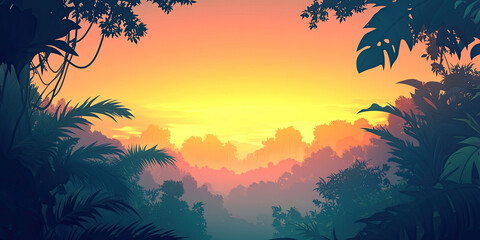 Anime cartoon style sunset forest, vibrant jungle backdrop, rainforest background, graphic resource