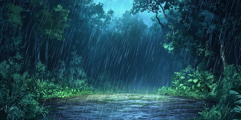 Anime cartoon style forest, rainy jungle night backdrop, stormy rainforest background