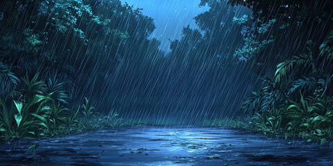 Anime cartoon style forest, rainy jungle night backdrop, stormy rainforest background