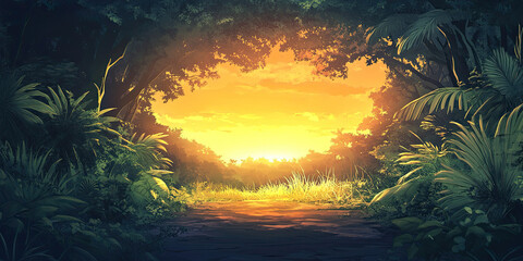 Anime cartoon style sunset forest, vibrant jungle backdrop, rainforest background, graphic resource