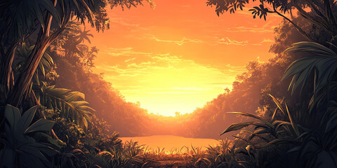 Anime cartoon style sunset forest, vibrant jungle backdrop, rainforest background, graphic resource