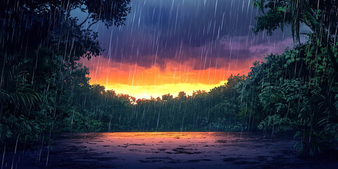 Anime cartoon style sunset forest, rainy jungle backdrop, vibrant rainforest background, graphic resource