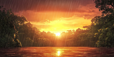 Anime cartoon style sunset forest, rainy jungle backdrop, vibrant rainforest background, graphic resource