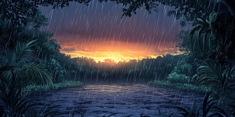 Anime cartoon style sunset forest, rainy jungle backdrop, vibrant rainforest background, graphic resource