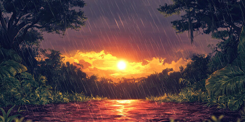 Anime cartoon style sunset forest, rainy jungle backdrop, vibrant rainforest background, graphic resource