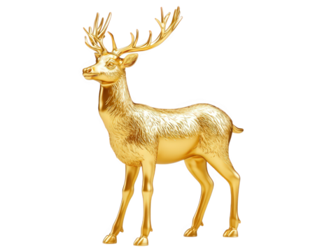 golden deer statue with intricate details, standing gracefully on transparency background, symbolizes elegance and beauty. This stunning piece is perfect for decor or as gift