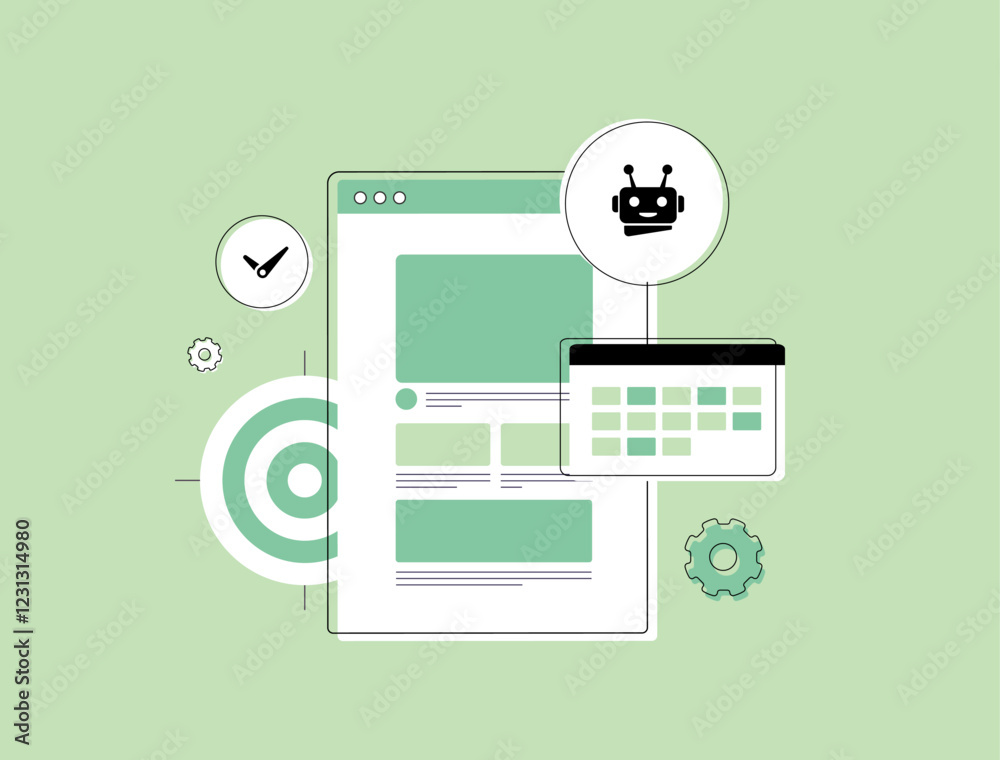Poster AI scheduling assistants automate content planning. AI-driven blog automation optimizes posts, schedules, and updates. AI content automation - blog management with smart algorithms vector illustration