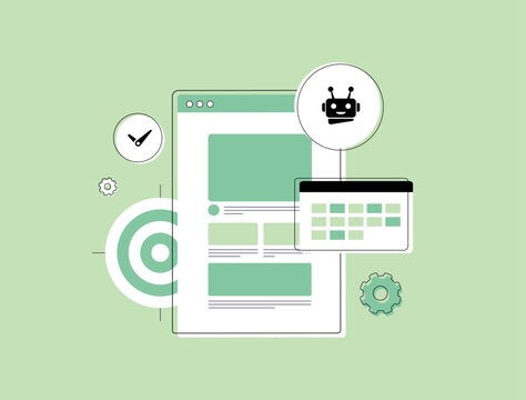 AI scheduling assistants automate content planning. AI-driven blog automation optimizes posts, schedules, and updates. AI content automation - blog management with smart algorithms vector illustration