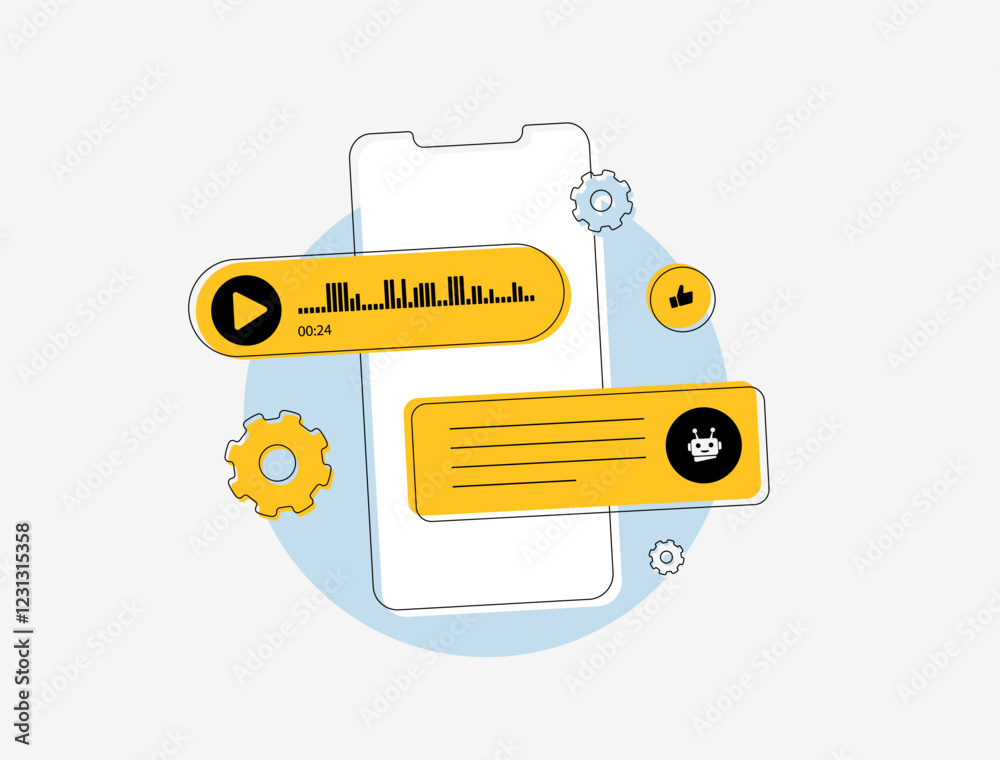 Poster ai-powered chatbots for business. customer support automation with robot icons and audio message bub