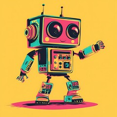 Naklejka premium Cute robot character illustration on yellow background. Possible use social media graphic