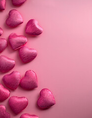 Obraz premium valentines day theme with copy space for text; pink hearts on pink background top view