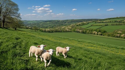 Fototapeta premium Three Playful Lambs Grazing in a Lush Green Pasture Under a Blue Sky with Puffy Clouds
