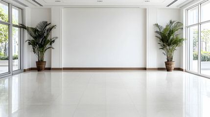 Fototapeta premium Empty modern office lobby with plants and large windows